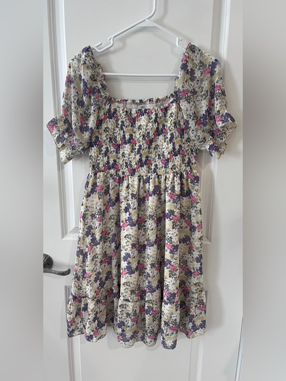 Floral Smocked Cottagecore Midi Dress Puff Sleeve Square Neck Size M